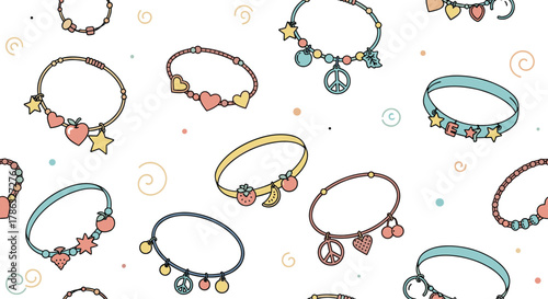 A whimsical collection of bracelets, featuring charms like hearts, stars, peace signs, and fruits, scattered on a light background with swirling decorative elements.