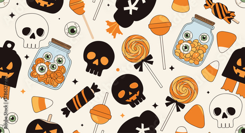 A spooky yet playful Halloween pattern features grinning skulls, jack-o'-lanterns, candy corn, lollipops, and jars filled with eyeballs, creating a festive fright.