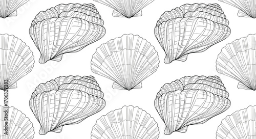 A detailed line art pattern of various seashells, including scallops and spirals, set against a backdrop of wavy lines, suggesting a serene ocean theme.