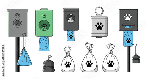 A display of various dog waste bag dispensers and filled bags, highlighting pet waste management solutions with paw print motifs.