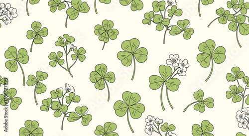 A delightful pattern of green four-leaf clovers and delicate white blossoms scattered across a cream background, bringing luck and a touch of nature.