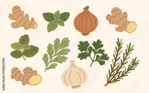 Herbs and Spices Clipart in Flat Hand-Drawn Style for Kitchen Design