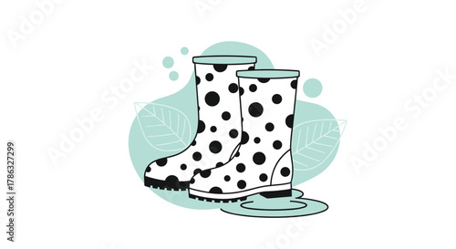 A pair of charming polka-dot rain boots stands in a puddle, surrounded by subtle leaf motifs, evoking a playful and whimsical rainy day theme.