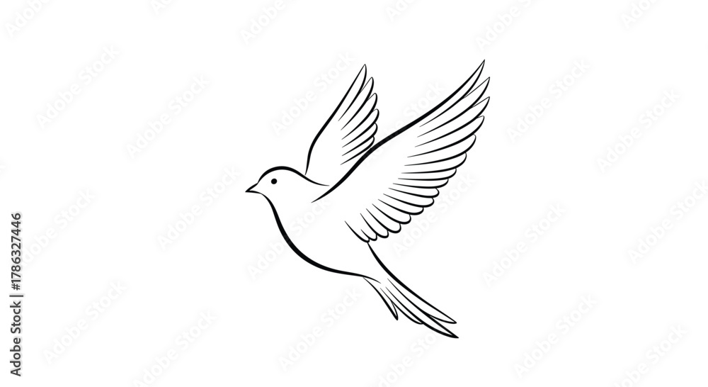 Obraz premium A graceful black and white line drawing of a dove in flight, symbolizing peace, hope, and freedom with its outstretched wings.