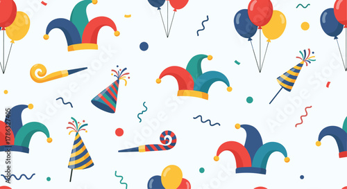 A festive carnival or party pattern features colorful jester hats, party hats, balloons, and blowers, creating a joyful and celebratory atmosphere.