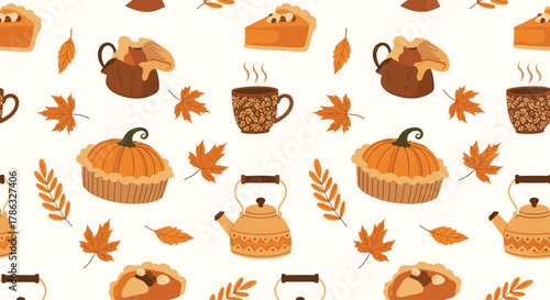A warm autumn pattern showcases pumpkins, pies, steaming mugs, and falling maple leaves, evoking the cozy essence of the fall season.