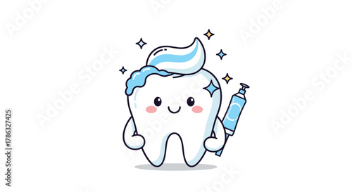 A cute cartoon tooth, sparkling with cleanliness, is adorned with toothpaste and surrounded by stars, representing dental hygiene and a bright smile.