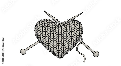 A heart shape intricately knitted with yarn and crossed by knitting needles, symbolizing love, craft, and cozy creativity.