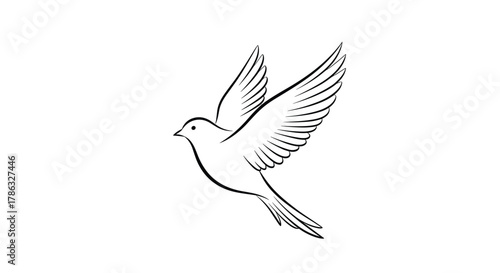 A graceful black and white line drawing of a dove in flight, symbolizing peace, hope, and freedom with its outstretched wings.