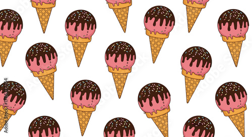 A delightful seamless pattern of pink ice cream cones topped with chocolate drizzle and colorful sprinkles, capturing the sweet joy of summer treats.