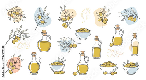 A collection of olive branches, bottles of olive oil, and bowls of olives, accented by abstract shapes, celebrating the richness of olive products and Mediterranean culture.