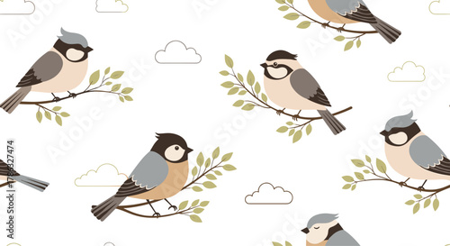 A pattern of charming birds perched on branches with green leaves, set against a white background with soft clouds and subtle dots, creating a peaceful natural scene.