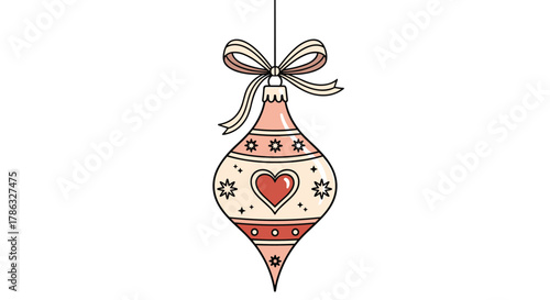 A single, elegant Christmas ornament shaped like a teardrop, decorated with stars and a heart, and topped with a bow, ready to adorn a holiday tree.