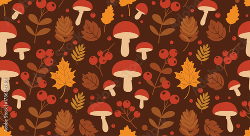 A cozy autumn pattern features mushrooms, berries, fall leaves, and branches on a rich brown background, capturing the essence of the season.