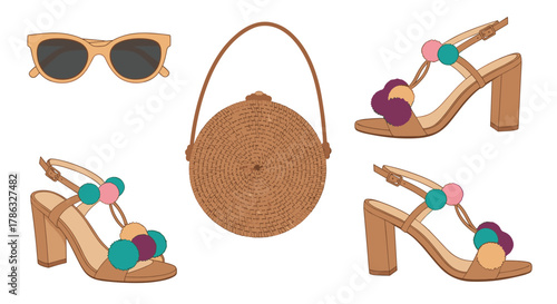 A stylish collection of summer fashion accessories includes sunglasses, a woven circular bag, and heeled sandals adorned with colorful pom-poms.