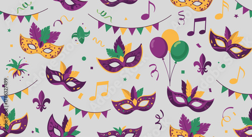 Mardi Gras celebration pattern featuring festive masks, colorful banners, musical notes, and balloons on a light gray background, ideal for festive party decor.