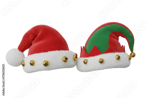 Santa and Elf Hats with Subtle Shadows,Isolated on Transparent Background.png