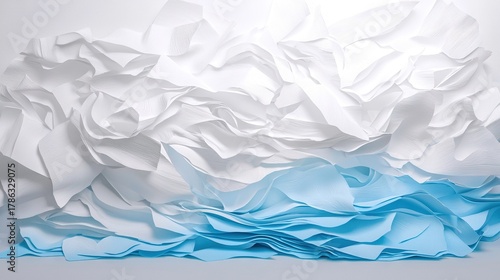 A white and blue paper sculpture on a gray surface