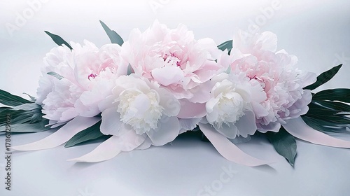 Fototapeta Naklejka Na Ścianę i Meble -  A bunch of white and pink peonies on a white surface