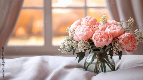Fototapeta Naklejka Na Ścianę i Meble -  A vase filled with pink flowers sitting on top of a bed