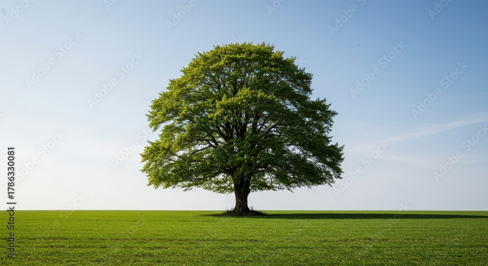 Fototapeta premium A magnificent European beech tree standing isolated in a vast green field against a clear sky, symbolizing strength and loneliness, vibrant, wood, field