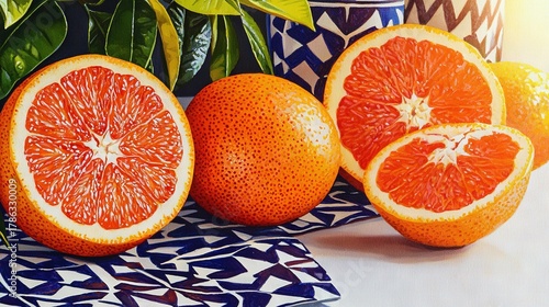 A painting of oranges and lemons on a table next to a vase