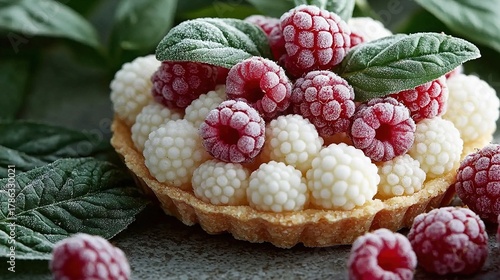 A close up of a dessert with raspberries on top of it