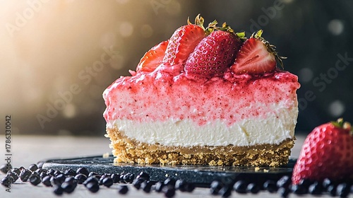 A slice of cheesecake with strawberries on top of it