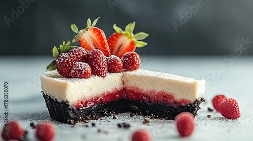 A slice of cheesecake with strawberries on top of it