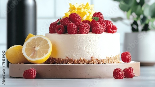 A white cake topped with raspberries and lemons on a table