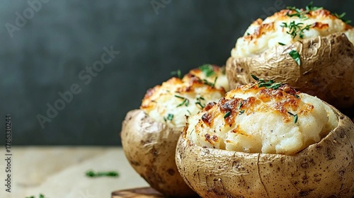 A close up of three baked potatoes on a cutting board