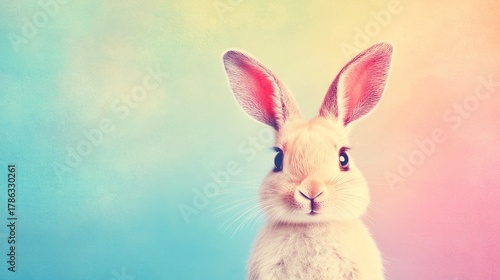 A white rabbit sitting in front of a colorful background