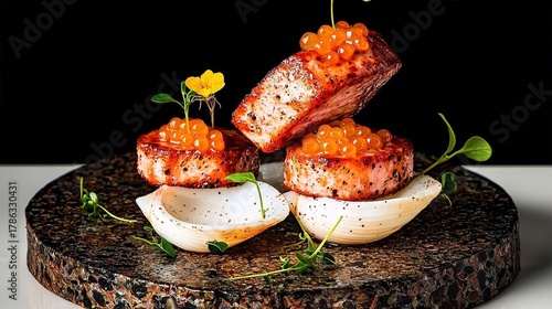 Fototapeta Naklejka Na Ścianę i Meble -  A plate of food with salmon and caviar on top of it