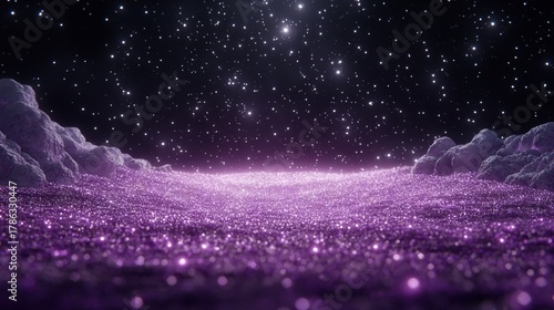 A purple glittery landscape with stars in the sky