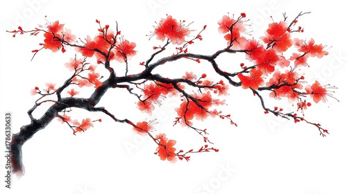 Fototapeta Naklejka Na Ścianę i Meble -  A painting of a branch with red flowers on it