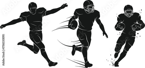 American football silhouette, player kicking, running with ball, motion effect, sports vector, helmet, uniform, action pose, dynamic illustration