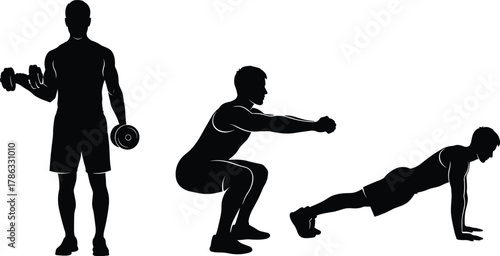 Fitness exercise silhouette illustration, bicep curl, squat, push-up, bodyweight workout, gym training, strength pose, black vector graphic style