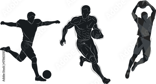 Silhouette athletes in action, soccer kick, football run, basketball jump, dynamic sports motion, black vector, competitive energy, illustration