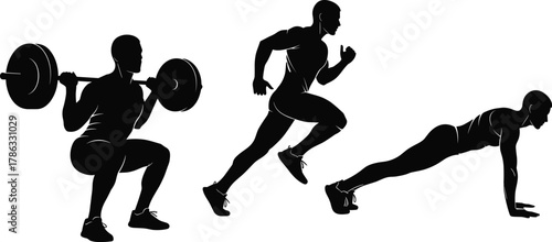 Fitness silhouette illustration, barbell squat, running, plank exercise, black and white vector, workout pose, gym training, core strength, cardio