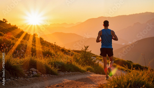 Morning run with male jogger on mountain trail under sunlight. Jogging on rocky path surrounded by nature showcases healthy lifestyle.