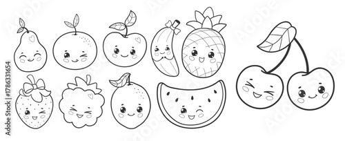 Adorable outline doodles of smiling fruits pineapple, pear, watermelon, cherries, strawberry, and more. Perfect for coloring pages or kids designs.