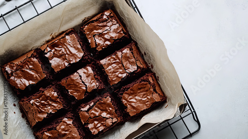 Delicious homemade chocolate brownies freshly baked and ready to be served with copy space for National Brownie Day, National Brownies at Brunch Month