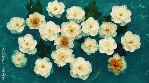 A bunch of white flowers floating in a pool of water