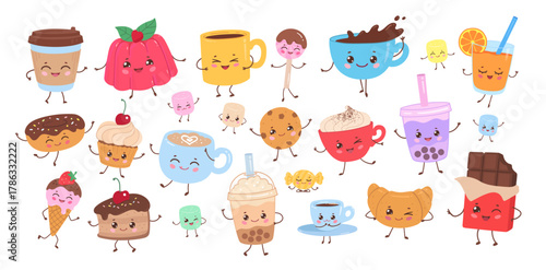 Colorful kawaii illustration of happy sweets and drinks coffee, cupcake, bubble tea, donut, chocolate, and more. Perfect for kids, stickers, or packaging.