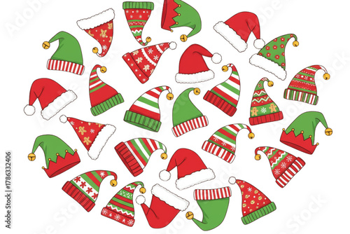  Christmas Hats with Patterns and Bells, Flat Lay Composition, Isolated on Transparent Background.png