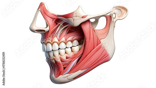Human jaw anatomy: detailed muscles, teeth, and bone structure