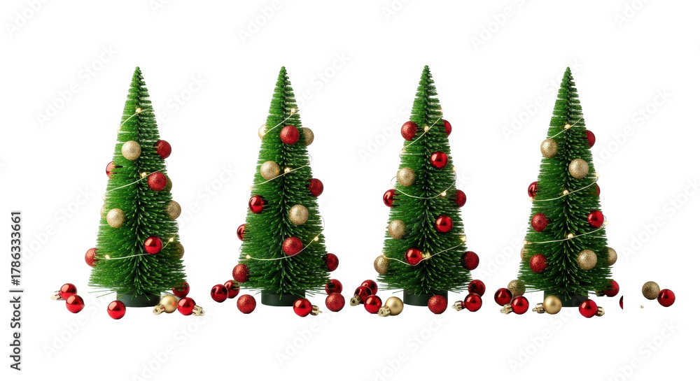 Obraz premium Four vibrant green conical miniature christmas trees adorned with red, gold baubles and unlit LED lights, with loose baubles, against transparent studio background, concept for commercial holiday