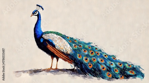 A peacock is standing on a rock with its feathers spread out