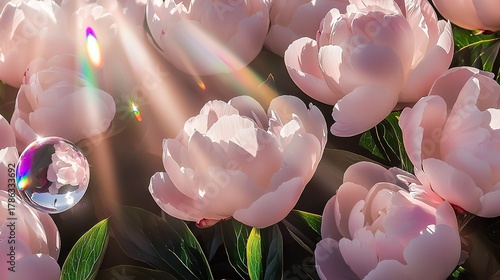 Fototapeta Naklejka Na Ścianę i Meble -  A bunch of pink peonies with a water drop in the middle of them