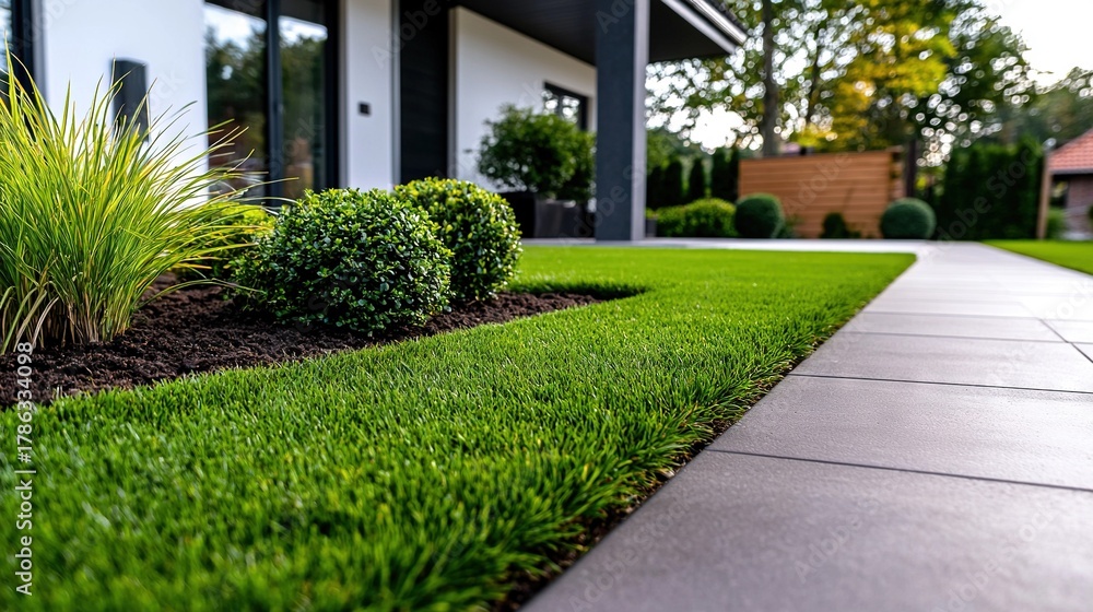Fototapeta premium A walkway leads to a modern house with a green lawn